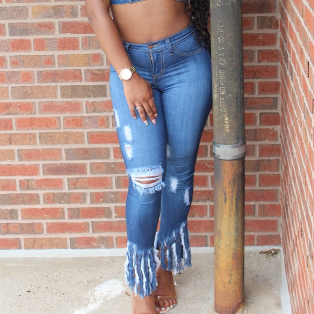 High waisted fringe jeans